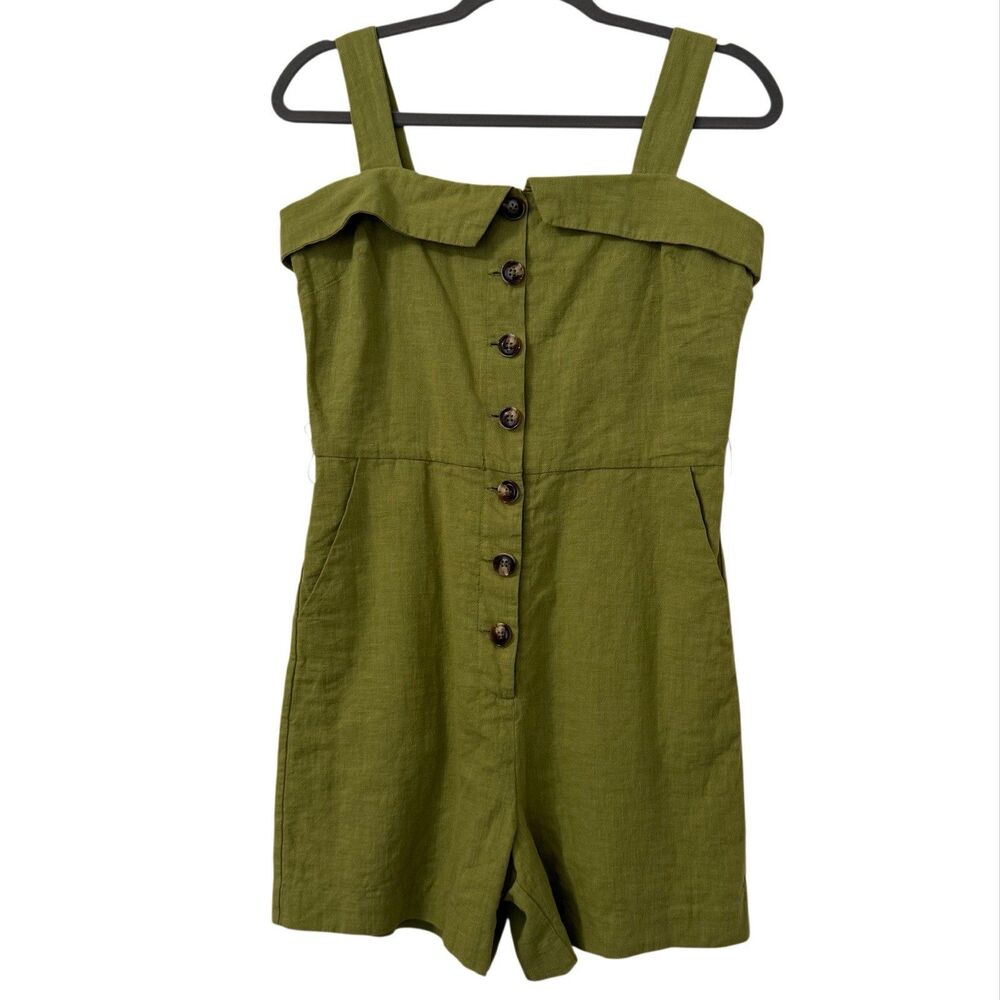 English Factory Romper Medium Green Linen‎ Buttons Goblincore Minimalist